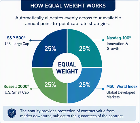 Circular chart illustrating the Equal Weight option, with 25% allocated to each of four crediting strategies: S&P 500®, Nasdaq-100®, Russell 2000®, and MSCI World Index.