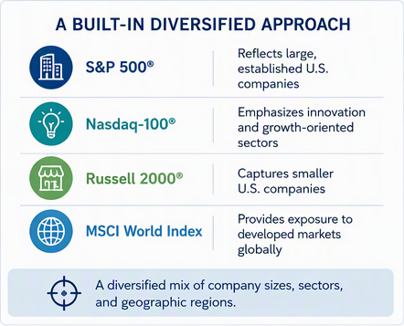 Infographic explaining how the Equal Weight option provides exposure to large-cap U.S. companies, growth-oriented sectors, smaller U.S. companies, and developed global markets through four market indexes.
