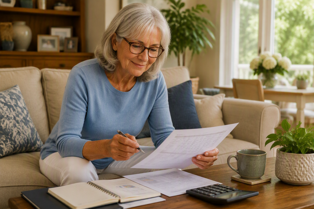 Retired woman looking over paperwork sitting on couch smiling 