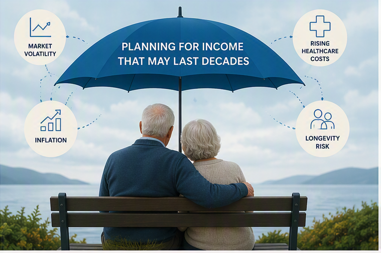 Planning for income that may last decades, a couple sitting under an umbrella on a bench near the beach