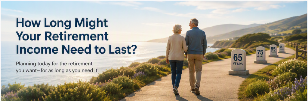 Retirement Income hero image. A couple walking along a path near the ocean with signs for decades